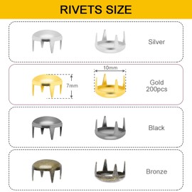 200pcs Nailheads Round Dome Studs Rivet Metal Punk Spikes Spots for Punk Rock Leather Craft Clothes Belt Bag Shoes Decorations (10mm) (Golden)