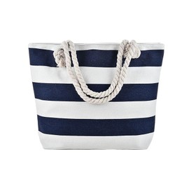 MEMOFYND 1 Piece Striped Beach Bag, Large Waterproof Clutch Bag, Striped Shoulder Bag with Rope Handle for Girls and Women, Blue and White