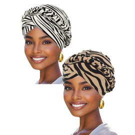 Woeoe 2 Pieces African Turban Head Wraps Leopard Print Chemo Hat Cap Braid Pre-Tied Head Cover Cap Headwear for Women Beige