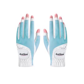 Scott Edward 1 Pair Open-Finger Women's Golf Gloves 2 Pack Left Right Hand Lady Fingerless Golf Gloves PU and Microfiber Breathable Mesh Fabric Cool and Comfortable (Blue,17)