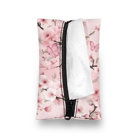 Binienty Pocket Tissue Holder Case for Purse Cherry Blossom Pink Travel Tissue Holder Pouch Zipper Enclosed Tissue Holders Purse