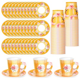 Zopeal 100 Pcs Tea Party Decorations Disposable Blossom Party Paper Tea Cups and Plates, Floral Paper Tea Cups and Saucers for Cold Drink Mother's Day Baby Bridal Wedding Birthday(Orange)
