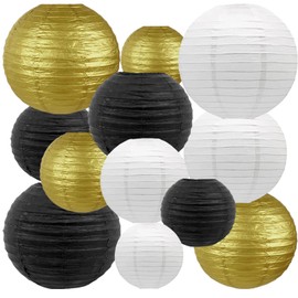 Xiksxitn Paper Lanterns Decorative, Hanging Chinese Lanterns Indoor Outdoor for Birthday, Wedding, Christmas, Bridal, Home Decor, Ceiling Decorations Black/Gold/White 12pcs(Size of 4”, 6”, 8”, 10”)