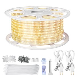 SURNIE LED Rope Lights Outdoor Warm White, Waterproof 100FT Cuttable 3000K Soft Lighting Indoor 110V Connectable Flexible Clear Tube for Bedroom Outside Garden Deck Patio Camping Decor, Not Flat Strip