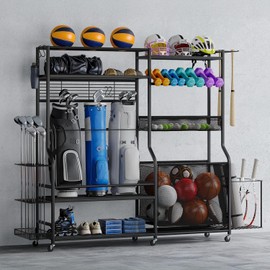 DWVO Sports Equipment Organizer, 3 Golf Bags Storage Stand with Wheels, Sport Gear Accessories Rack and Ball Organizer Bin for Garage