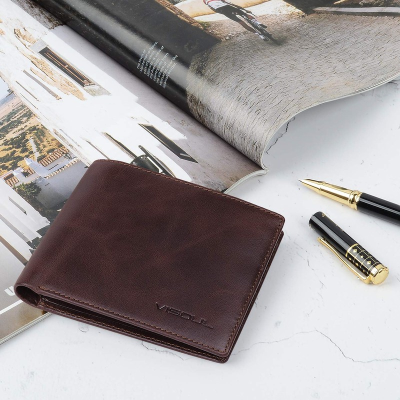 VISOUL Men's Leather Wallet with ID Window and RFID Protection,