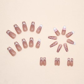 Press on Nails Square Medium Pink Love Heart Stars False Nails with Design Valentine's Day Fake Nails Stripe French Acrylic Nails Full Cover Coffin Artificial Nails, Glue on Nails for Women 24Pcs