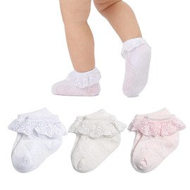 Mini angel Baby Lace Socks Infant Girls Eyelet Lace Ruffle Frilly Ankle Socks Soft Cotton Dress Socks with Box Gift Set,3 Pairs,White/Cream/Pink,3-6 Months