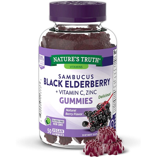 Sambucus Black Elderberry Gummies | 50 Count | with Vitamin C and Zinc | Natural Berry Flavor | Vegan, Non-GMO, Gluten Free | Extract Gummies for Adults | by Nature's Truth