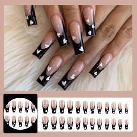French Tip Press on Nails Long Coffin Valentine's Day Fake Nails with Heart Designs Full Cover False Nails Valentines Glue on Nails Long Press on Coffin Artificial Nails for Women Acrylic Nails 24Pcs