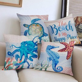 Hexagram Ocean Theme Vintage Pillow Covers 18 x 18 Inch Set of 4 Blue Sea Turtle Beach Pattern Soft Cotton Linen Throw Pillow Cover Cushion Case for Couch Sofa Living Room Indoor Outdoor Home Decor