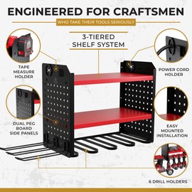 BUILTSTRONG Power Tool Organizer-6 Drill Holder Wall Mount, 3 Tier Heavy-Duty Hand Tool Storage Rack, Utility Racks, Drill Holder, 2 Pegboard Sides - Garage Storage Cordless Tool Organizer (Red)