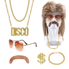 SINGOMON Disco Costume Men Set 80s Disco Wig Disco Accessories Sunglasses Gold Necklace Fake Beard Hippies Cosplay Costume