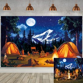 Forest Scene Backdrop Camping Campfire Tent Photography Background Forest Night Mountain Woodland Adventure Banner for Birthday Party Baby Shower Decoration Supplies (82x59 inch (7x5FT))