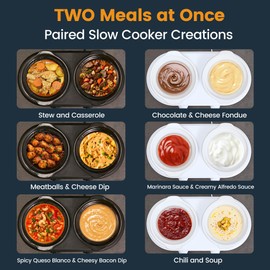 KOOC Double Small Slow Cooker, Buffet Server and Warmer, 2 Mini Pots with 3 Individual Adjustable Temp, Dual Ceramic Pots, Free Liners for Easy Clean-up, Stainless Steel, Total 2.5 Quart, Red, Round