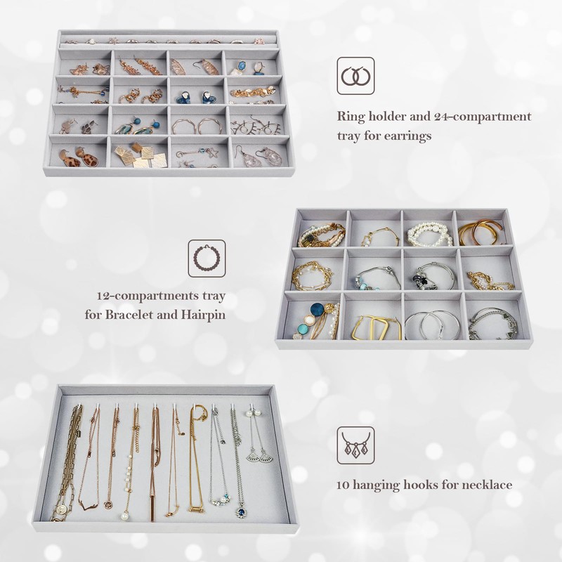 ProCase Stackable Large Jewelry Drawer Organizer, 3 Pack Velvet Jewelry