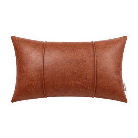 BRAWARM Cognac Leather Throw Pillow Covers 12 X 20 Inches - Faux Leather Lumbar Pillow Cover with Piping, Hand Stitched Leather Throw Pillow for Couch Sofa Bed Living Room Home Decorative