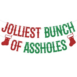 Red Glitter Jolliest Bunch of Assholes Banner, Jolliest Bunch of A-Holes Christmas Party Decorations, Ugly Christmas Party Decorations for Home Office Fireplace Mantel