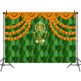 India Pooja Traditional Backdrop for Photography Marigold Green Banana Leaf Chatiya Ganesh Traditional Festival Background Puja Ganpati Wedding Party Decorations Photo Props (8x6FT)