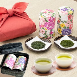 Bincho Charcoal Burning Shizuoka Tea Deep Steaming Technique Kakegawa Tea High Quality 2 Types of Japanese Tea Gift Tea with Bamboo Basket Included, Gift Wrapping, Furoshiki Wrap, Kawamotoya Tea Shop (Hana Tea Can)