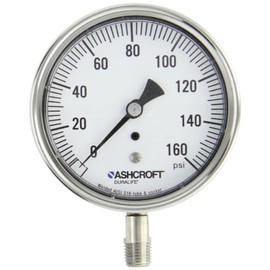 Ashcroft Duralife Type 1009 Stainless Steel Case Dry Filled Pressure Gauge, Stainless Steel Tube and Socket, 3.5" Dial Size, 1/4" NPT Lower Connection, 0/160 psi Pressure Range