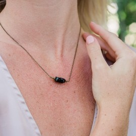 Black onyx bead bar crystal necklace in bronze - 16" chain with 2" adjustable extender - July birthstone