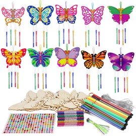 SRIZIAN Pack of 10 Wind Chime Craft Set Children with 12 Pens Wooden Craft Wind Chimes for Children Girls Boys Birthday Party Decoration DIY Children's Toy Butterfly