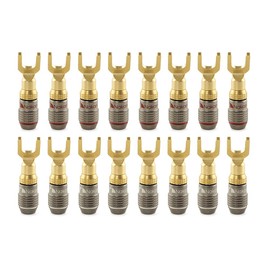 Nakamichi FanLock Excel Series 24k Gold Plated Spade Connector Banana Plug 10 AWG - 18 AWG Gauge Size 4mm for Speakers Amplifier Hi-Fi Home Theatre Wire Cable Quick Connector, 16 Pcs (8-Pairs)