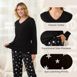 HEARTNICE 100% Cotton Pajama Set for Women, Cozy Flannel Long Sleeve PJs with Print Pants, 2-Piece Ladies Sleepwear with Pockets (Black Star, L)