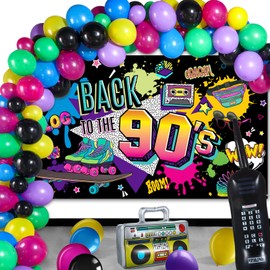 80s 90s Party Decorations 80's 90's Party Bundle Includes Inflatable Radio Boombox and Mobile Phone, 6 x 3.6 Ft Back to The 80's or 90's Backdrop and 55 Pieces Balloons, 80s 90s Party Supplies (90s)
