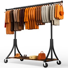 HOKEEPER Clothes Rack with Wood Shelves 500 LBS Garment Rack with Lockable Wheels Portable Closet for Bedroom, Living Room, Laundry, Balcony, Black 15.7" D*74.7" W*70.7" H