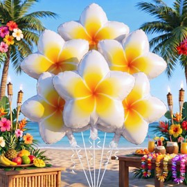 6 Pack 20" Plumeria Balloons Hawaiian Tropical Foil,Plumeria