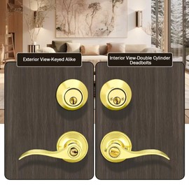 NIZADO 2 Pack Door Lock Sets with Deadbolt Keyed Alike, Double Cylinder Deadbolts, Polished Brass Exterior Door Handle with Lock, Reversible Leverset