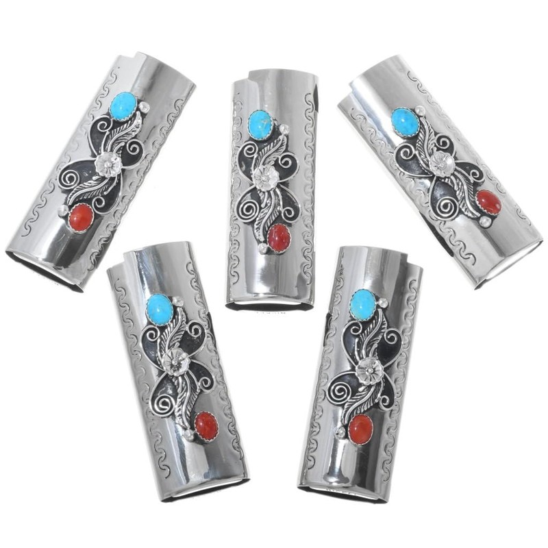 Navajo Turquoise Silver Lighter Case Cover With Red Coral and