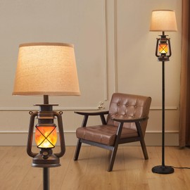 LEDIARY LED Flashing Flame Night Lantern Farmhouse Floor Lamp for Living Room, Rustic Bronze Standing Lamp with Beige Linen Drum Lampshade, Lantern Floor Lamps for Bedroom Home Decor