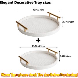 JUMBO HUMBLE Large Serving Trays Set of 2, Modern Crocodile Leather Round Tray with Polished Metal Handles, Decorative Trays Coffee Table Tray Ottoman Platter for All Occasion's Decor (White)