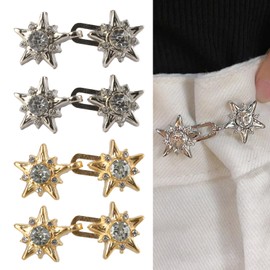 PKRFCJ 8 Sets Adjustable Waist Tightener Buttons – No-Sew Rhinestone Star Jeans Waist Pins ，Detachable Star Clip Buckles for Pants/Skirt – Fix Loose, Silver & Gold