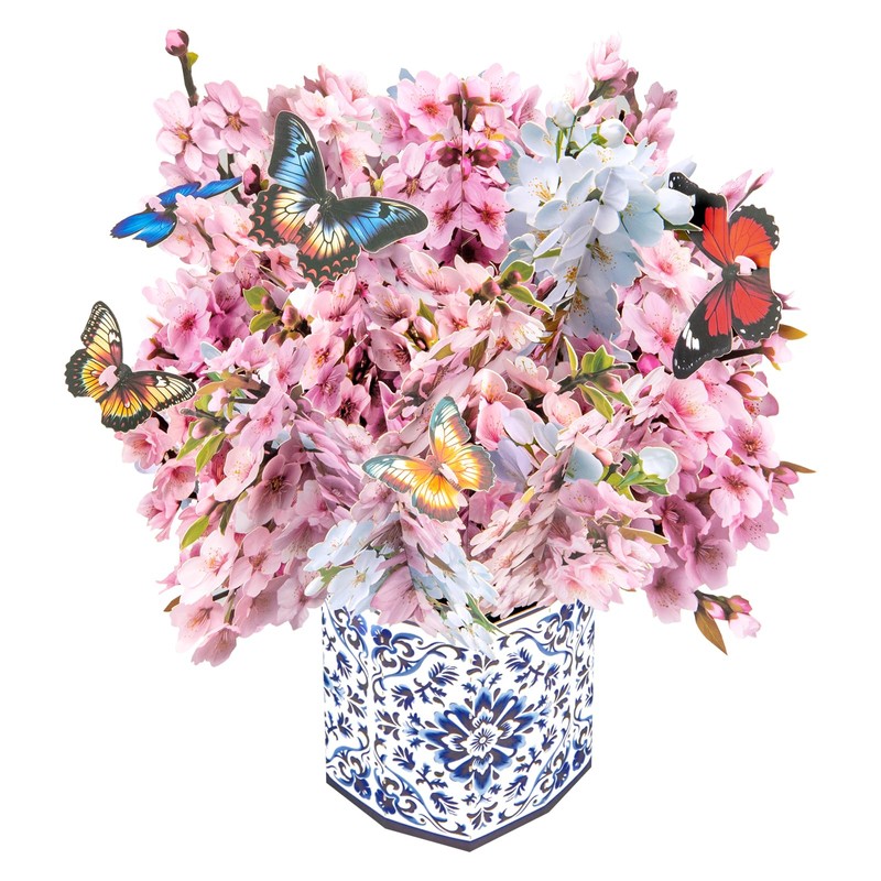 桜の花の蝶 ポップアップ 紙製フラワーブーケ グリーティングカード、空白のノートカードと封筒付き 愛、休日、誕生日、記念日、特別な瞬間、バレンタインデーを祝うのに理想的なギフトです