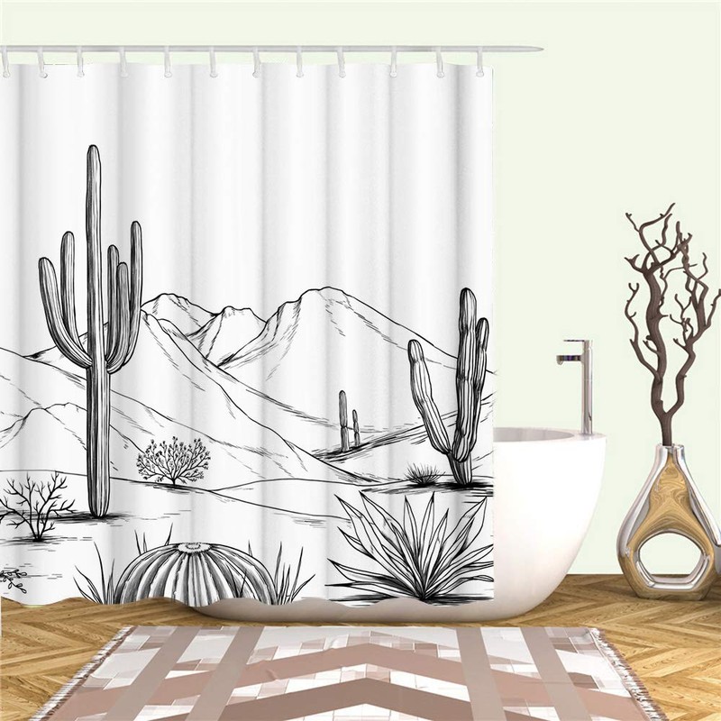 RnnJoile Western Shower Curtain Aztec Cactus Desert Bath Curtain Black