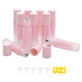 Roller Bottles, Glass Essential Oil Roller Bottles, 10ml/0.34Oz Pink Bottle with Opener, 5 Funnels and 5 Droppers，Pack of 10
