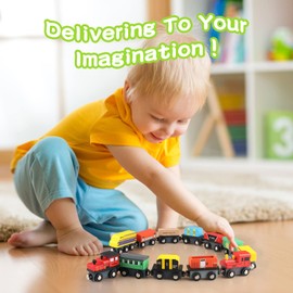 Jacootoys Wooden Magnetic Train Toy Set with Storage Box (12 Pack) Educational Vehicle Cars Engines for Boys & Girls 3 + Years