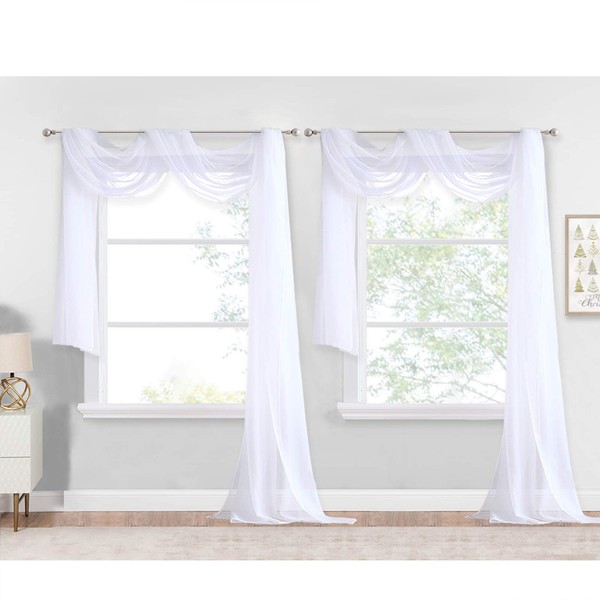 NICETOWN White Sheer Window Scarf 216 inch Extra Long, Soft Voile Textured Bed Canopy Scarf Curtains for Event Designs/Home Decor, 60 inches Wide, Set of 2