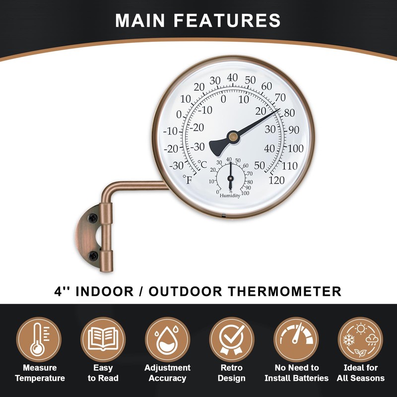 4 Inch Brass Outdoor Thermometer, Outside Decorative Thermometer for Patio,