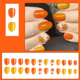 Maple Leaf Press on Nails Short Square Fake Nails Orange Glitter Full Cover False Nails Autumn Thanksgiving Glossy Acrylic Nails Stick on Nails Fall Leaves Glue on Nails for Women Girls Decor 24Pcs