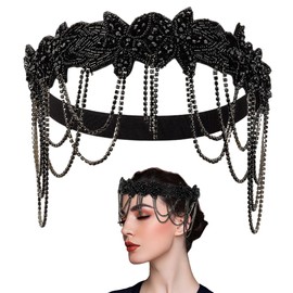 OLYCRAFT 20s Great Gatsby Headband 1920s Flapper Headpiece Roaring Chain Black Rhinestone Fringe Hairband Vintage Rhinestone Forehead Accessory for Women Party Holiday Daily Hair Decor