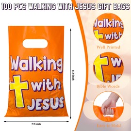 Panelee 100 Pcs Walking with Jesus Plastic Goody Bags with Handles Religious Treat Bags for Adult Christian Cross Candy Gift Bag for VBS Church Party Supplies Party Favor Decoration (Walking with Jesus)