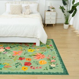 CRYPTOLITE Area Rug 4x6, Washable Floral Rugs for Living Room, 0.27″ Non Slip Low Pile Carpet for Office, Bedroom, Kids Room, Bedside (Green)