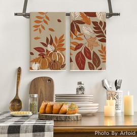 Artoid Mode Maple Leaves Pumpkin Fall Kitchen Towels Dish Towels, 18x26 Inch Farmhouse Thanksgiving Autumn Decoration Hand Towels Set of 2