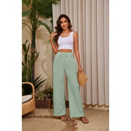 KICZOY Women Summer Pants Flowy Pants Drawstring Waist Wide Leg Palazzo Beach Pants Loose Fit with Pockets Mint Green