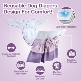 Pet Soft Female Dog Diapers - 3Pack Washable Dress-Style Dog Diapers Female for Girl Dog in Heat - Reusable Dog Period Panties|Puppy Diapers Female (Classic, XS)
